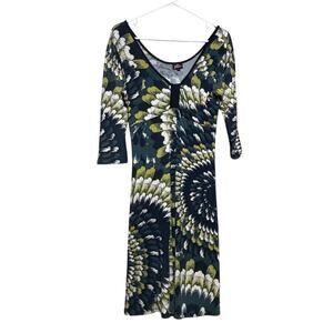 Salaam Green Blue Geometric V-Neck Empire Waist 3/4 Sleeve Midi Dress Art Size L